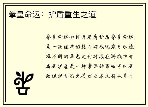 拳皇命运：护盾重生之道